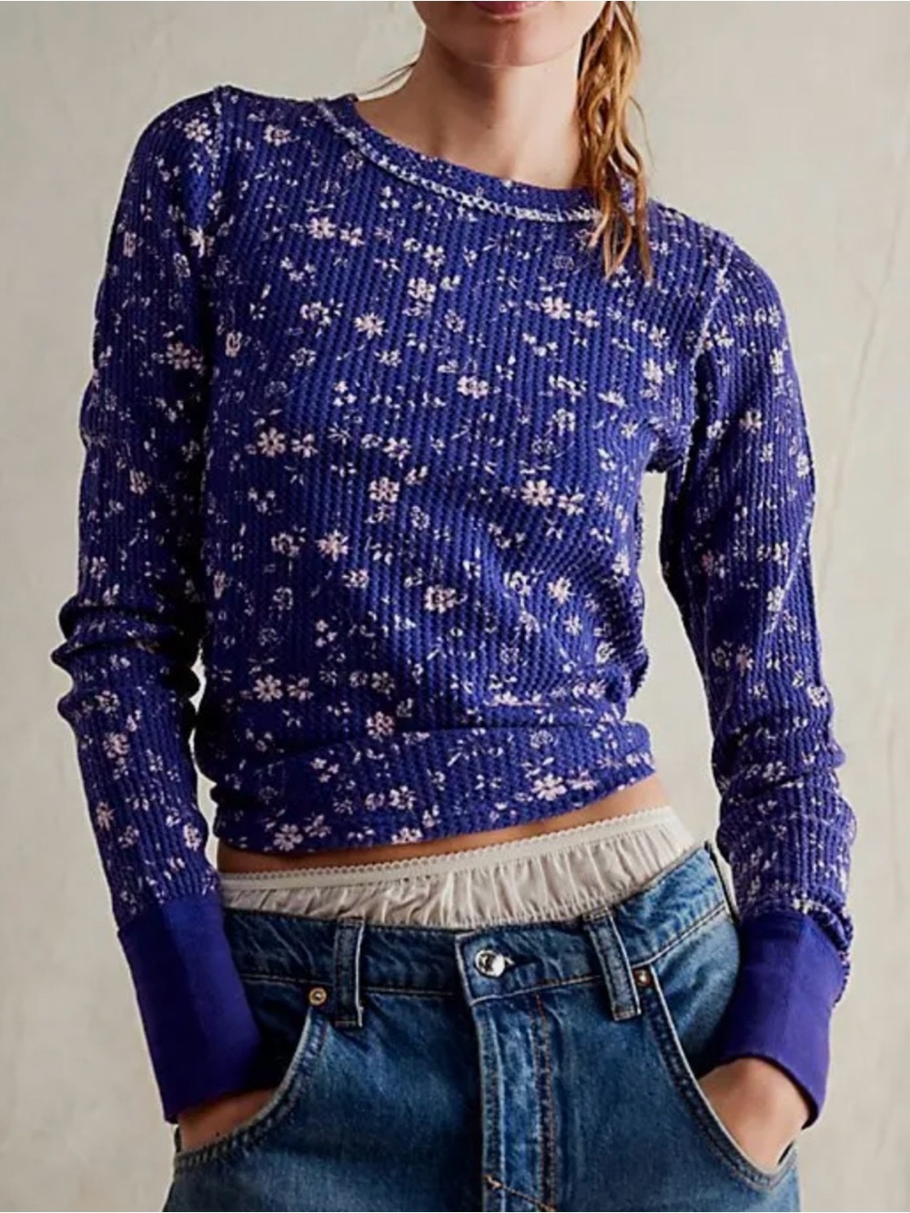 Free People Pretty Little Thermal Top Blue Floral Size S NWOT